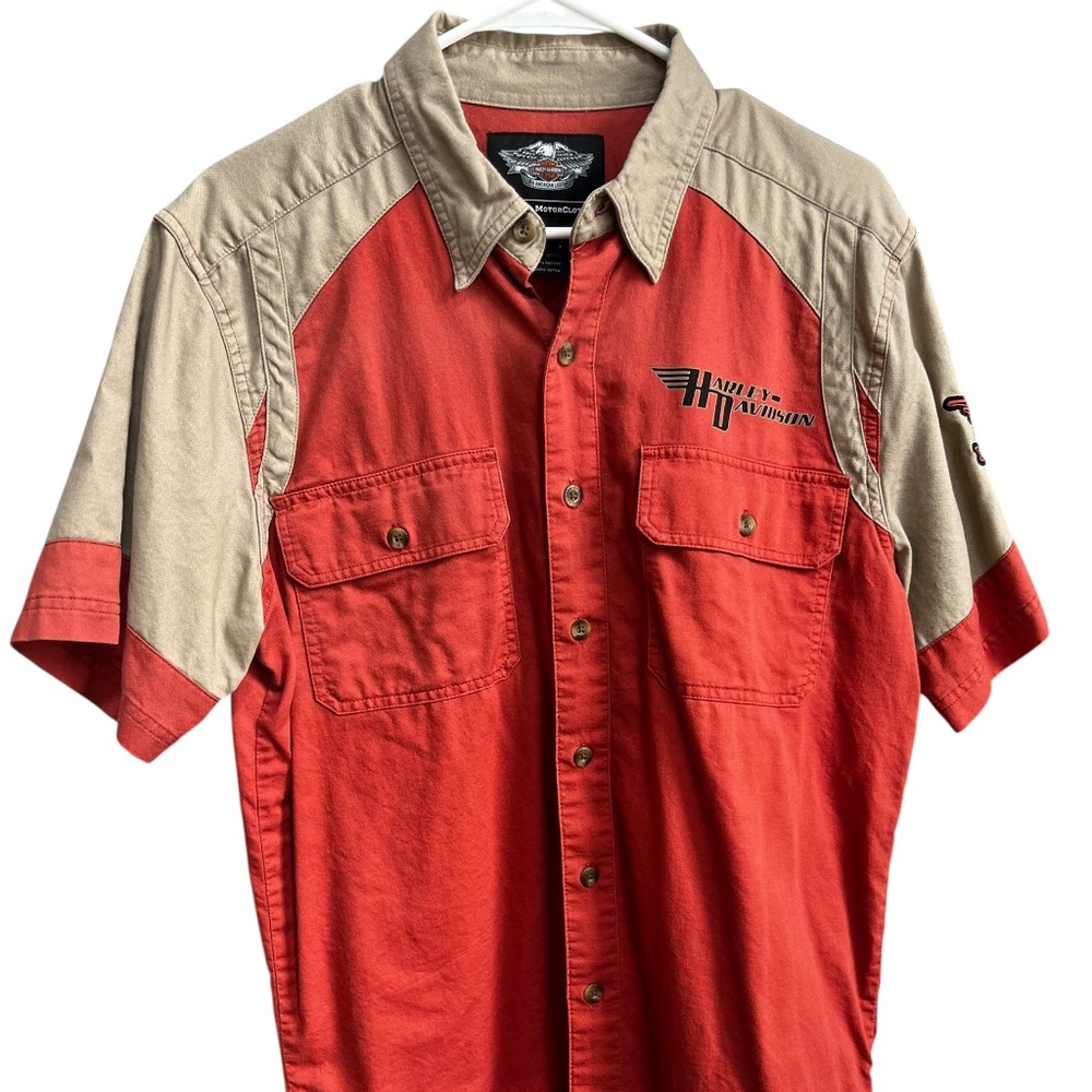 Harley Davidson Button Shirt Mens M Red Tan 1903 Logo Short Sleeve Cotton